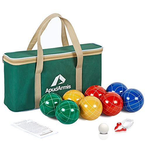 ApudArmis Bocce Balls Set, Outdoor Family Bocce Game for Backyard/Lawn/Beach - Set of 8 Poly-Resin Balls & 1 Pallino & Nylon Carrying Case & Measuring Rope (90mm)