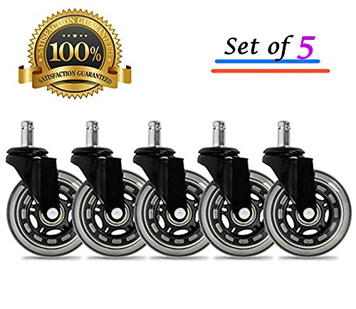 Universal Office Chair Caster Wheels Set of 5 Heavy Duty & Safe for All Floors Including Hardwood 3' Rubber Replacement for Desk Floor Mats