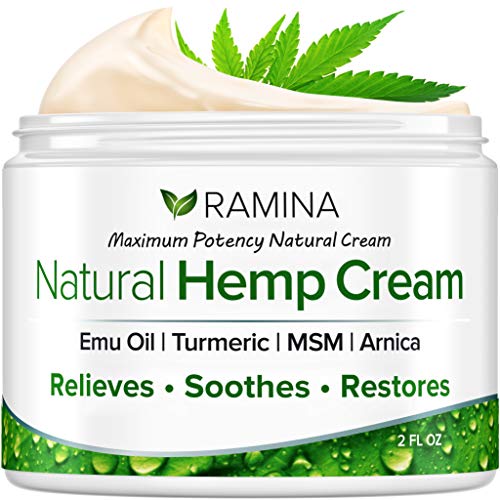 Ramina Natural Hemp Extract Pain Relief Cream - Made in USA - Potent Turmeric, MSM & Arnica - Relieves Inflammation, Muscle, Joint, Back, Knee, Nerves & Arthritis Pain - Non-GMO - 2 fl. oz