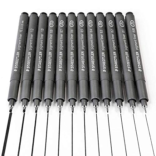 Staedtler Pigment Liner black fineliner pens, full professional 12 pieces artist drawing technical drafting sets