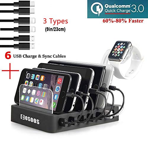 COSOOS Fastest Charging Station with Quick Charge QC 3.0, 6 Phone Charger Cables(3 Type),lWatch Stand,6-Port Multi USB Charger Station,Charging Station for Multiple Devices,Tablet,Kindle(UL Certified)