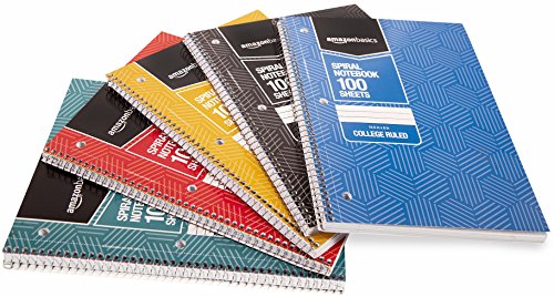 AmazonBasics College Ruled Wirebound Spiral Notebook, 100 Sheet, Assorted Sunburst Pattern Colors, 5-Pack