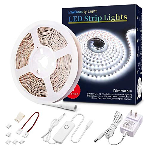 LED Strip Lights White 6500K 16.4ft Dimmable Rope Lights Ultra Bright Vanity Mirror Lights Flexible LED Tape Light Kits with 12V UL Power Supply, Adhesive Clips, Dimmer Switch and Connectors
