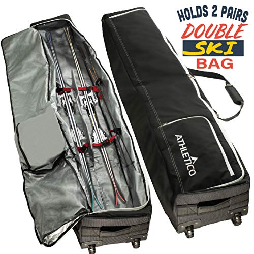 Athletico Rolling Double Ski Bag - Padded Ski Bag with Wheels for Air Trave (Black, 190cm)