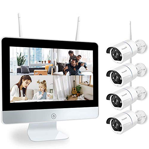 Two-Way Audio Wireless Security Camera System with 12 inch IPS Monitor, Fyuui 1080P 8CH NVR Surveillance Camera System, 4pcs 1080P 2.0MP Indoor Outdoor WiFi IP Camera, Remote View,H.265+ NVR