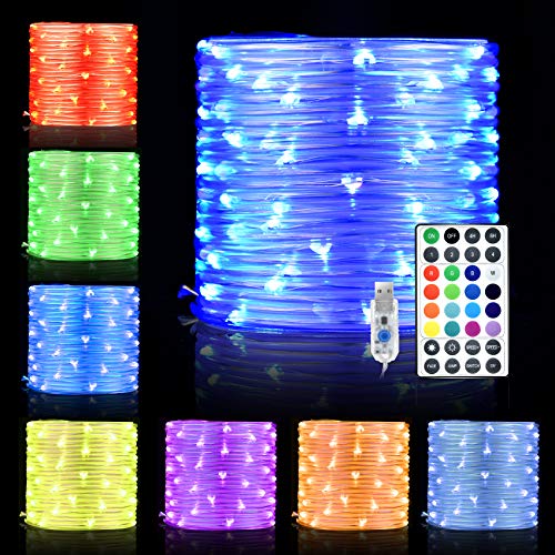 LED Rope Lights, 33ft 100 LED 16 Colors Changing Indoor Outdoor RGB String Lights, USB Powered Multi-Colored Twinkle Tube Fairy Lights with Remote for Party, Wedding, Garden, Indoor Outdoor Decoration
