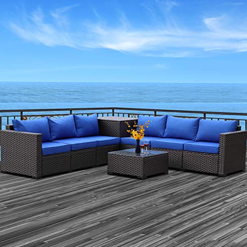 Patio PE Wicker Furniture Set 6 Piece Outdoor Brown Rattan Sectional Loveseat Couch Conversation Sofa with Storage Box and Coffee Table, Royal Blue Cushion