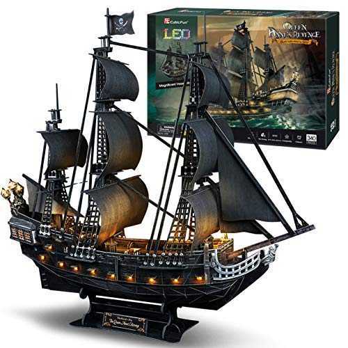 CubicFun 3D Puzzles 26.6' Pirate Ship with 15 LED Bulbs for Adults Sailboat Model Building Kits Hobby Toy, Cool Room Decor Gift for Men Queen Anne's Revenge, Difficult Family Puzzle