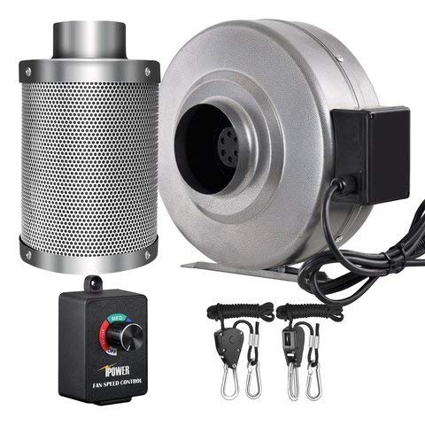 iPower 4 Inch 190 CFM Inline Fan Carbon Filter Combo with Variable Speed Controller 8 Feet Rope Hanger for Grow Tent Ventilation, 4' Fan & Filter, Grey