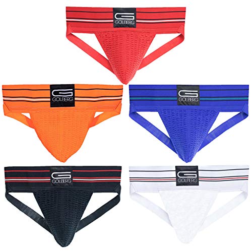 Mens Jockstrap Underwear - 5 Pack (Black, Blue, White, Orange, and Red) - Size X-Large (42-50 Inch) - Athletic Supporter