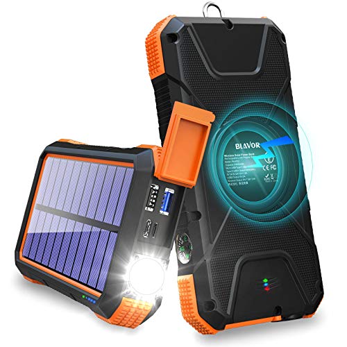 BLAVOR Solar Charger Power Bank 18W, QC 3.0 Portable Wireless Charger 10W/7.5W/5W with 4 Outputs & Dual Inputs, 20000mAh External Battery Pack IPX5 Waterproof with Flashlight & Compass (Orange)