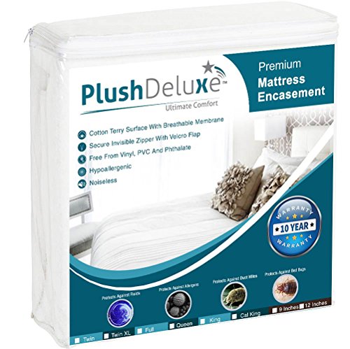 PlushDeluxe Premium Zippered Mattress Encasement, Waterproof, Bed Bug & Dust Mite Proof 6-Sided Protector Cover, Hypoallergenic Cotton Terry Surface (Fits 9-12 Inches H) King