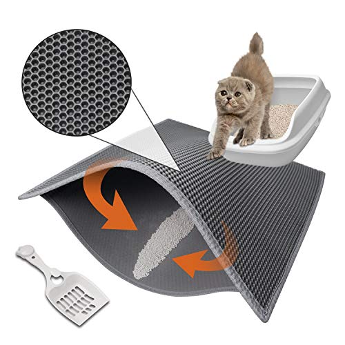 Pieviev Cat Litter Mat Anti-Tracking Litter Mat, 30' X 24' Inch Honeycomb Double Layer Waterproof Urine Proof Trapping Mat for Litter Boxes, Large Size Easy Clean Scatter Control (Scoop Included)