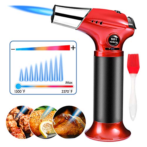 Butane Torch, Refillable Culinary Torch Kitchen Blow Torch Lighter with Safety Lock Adjustable Flame Refillable Mini Blow Torch Lighter for Crafts Cooking BBQ Baking Brulee Creme, Red
