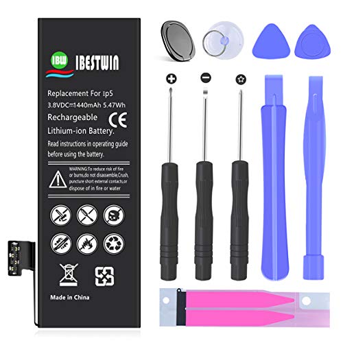 IBESTWIN 3.8V 1440mAh Replacement Battery for iPhone 5 A1428, A1429 and A1442 with Replacement Tool Kits, Adhesive Strip and Instruction(Not for iPhone 5S or 5C)-3 Years Warranty