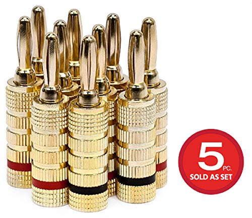 Monoprice 109436 Gold Plated Speaker Banana Plugs – 5 Pairs – Closed Screw Type, For Speaker Wire, Home Theater, Wall Plates And More