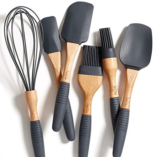 PortoFino 6 Pc. Baking Utensil Set – Beech Wood & Silicone – Cooking / Kitchen Tools – 9” Large Spatula, Small Spatula, Spoon Spatula, Flat Pastry Brush, Round Pastry Brush, 12” Whisk, Gray