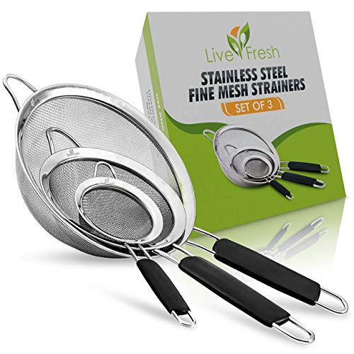 LiveFresh Fine Mesh Strainer Set - Rust Proof Stainless Steel with Non Slip Handles - Premium Strainers Fine Mesh Sieve Set - The Ideal Quinoa Strainer