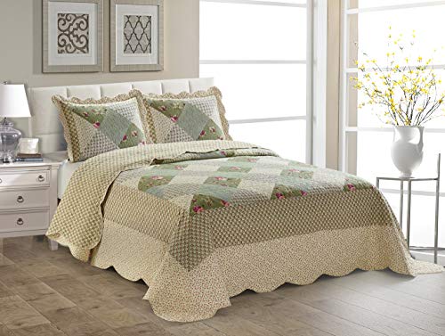 Linen Plus 3pc Full/Queen Over Size Quilted Bedspread Set Coverlet Floral Squares Green Ivory Beige Pink New