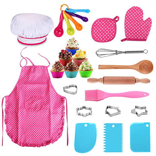 25Pcs Chef Set for Kids, Kitchen Cooking and Baking Kits, Dress Up Role Play Toys, Apron, Chef Hat, Oven Mitt, Wooden Spoon, Cookie Cutters, Silicone Cupcake Moulds for Little Girls Gift - Pink