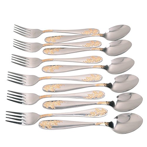 Aligle 12PCS Stainless Steel Fruit Forks and Dessert Spoon Carved Handle