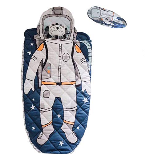 Eanpet Sleeping Bag Kids Toddler Nursery Cotton Quilted Slumber Bag Blue Nap Mat Sleep Blanket Soft Warm Boy Spaceman Printed Sleeping Sack Travel Sleepovers Astronauts with Pillow