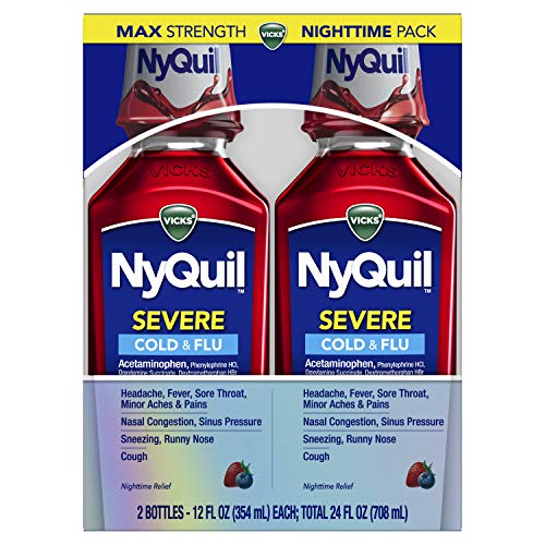Vicks NyQuil SEVERE Cough, Cold and Flu, Berry Flavor, 12 fl oz (2 Pack) - Relieves Nighttime Sore Throat, Fever, Congestion (Packaging May Vary)