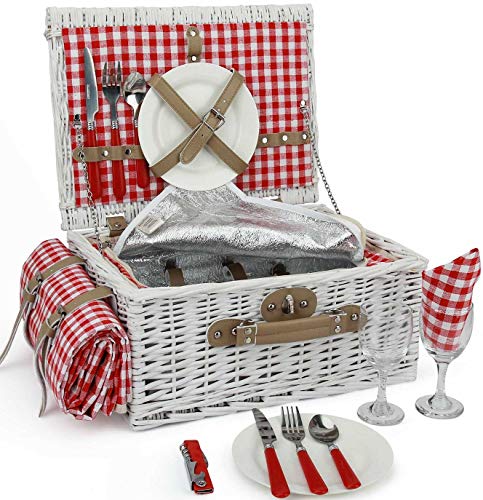 INNO STAGE Romantic Wicker Picnic Basket for 2 Persons, Special White Washed Willow Hamper Set with Big Insulated Cooler Compartment, Picnic Blanket and Cutlery Service Kit for Thanksgiving Day