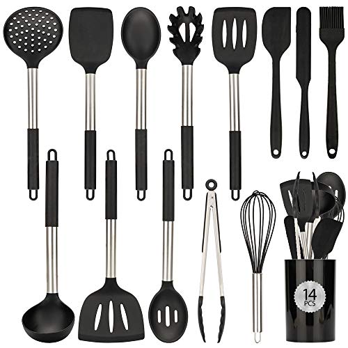 Keadeso Kitchen Utensil Sets, 14Pcs Silicone Cooking Utensils with Holder Spatula Tools, Kitchen Supplies Heat Resistant Home Essentials BPA Free Non Toxic Gadgets with Stainless Steel Handle-Black