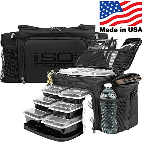 Meal Prep Lunch Box ISOBAG - Large Insulated 6 Meal Prep Bag/Cooler With 12 Containers, 3 Ice Packs & Shoulder Strap (Blackout) - MADE IN USA