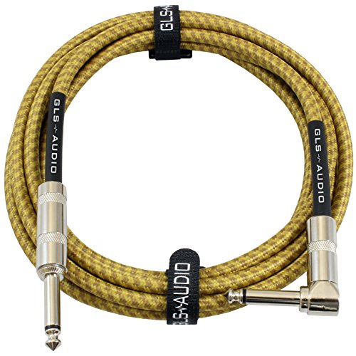 GLS Audio 10 Foot Guitar Instrument Cable - Right Angle 1/4 Inch TS to Straight 1/4 Inch TS 10 FT Brown Yellow Tweed Cloth Jacket - 10 Feet Pro Cord 10' Phono 6.3mm - Single