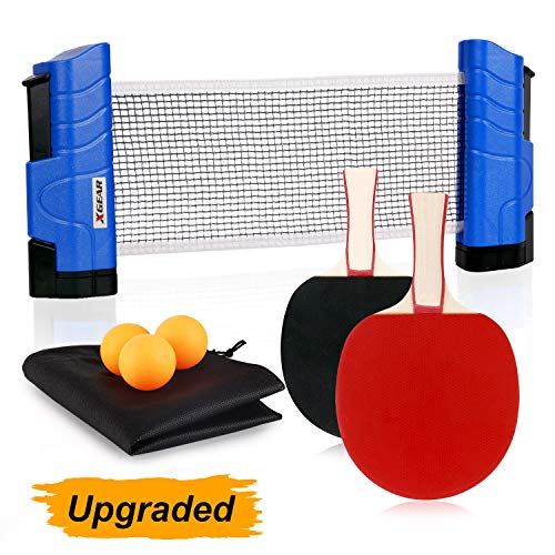 XGEAR Anywhere Ping Pong Equipment to-Go Includes Retractable Net Post, 2 Ping Pong Paddles, 3 pcs Balls, Attach to Any Table Surface, for All Ages, Lake Blue
