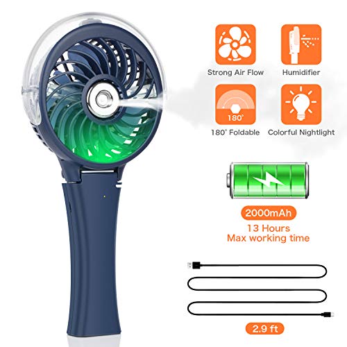 COMLIFE Handheld Misting Fan Portable Fan Facial Steamer-Rechargeable Battery Operated Fan, Foldable Travel Fan with Cooling Humidifier and Colorful Nightlight for Camping, Hiking, Outdoor (Blue)