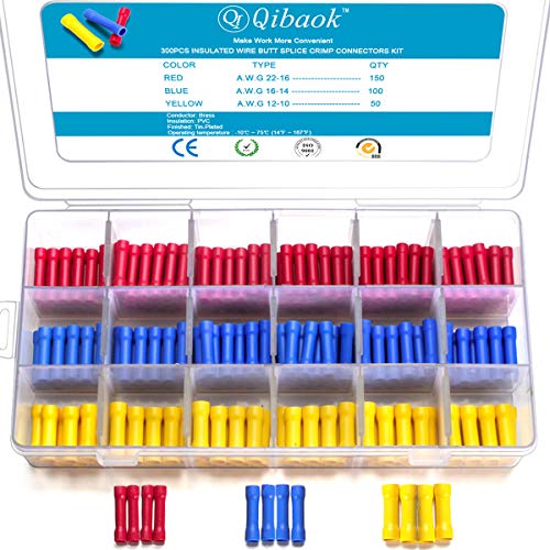 Qibaok 300 PCS Butt Splice Crimp Connectors Insulated Electrical Straight Wire Terminal Connectors 10-22AWG