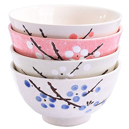 Japanese Rice Bowls Set of 4 - Japanese Style Hand-painted Floral Plum Ceramic Bowls set of 4 Color For Dessert Snack Cereal Soup