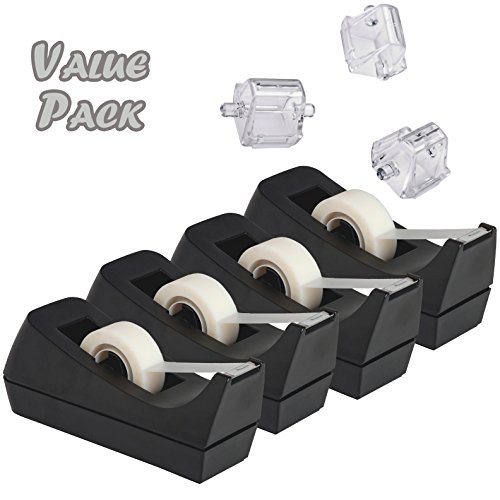 Desktop Tape Dispenser, 4-Pack, Non-Skid Base - with 3 Extra Tape Dispenser Replacement Core (Tape not Included), Perfect for Office, Home, School - Value Pack