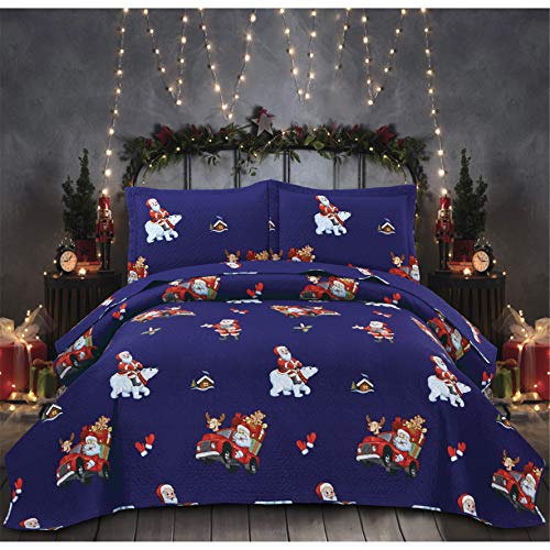 Oliven 3 Pieces Navy Blue Christmas Bedding Quilts Bedspread King Size Lightweight Thin Santa Claus Reindeer Polar Bear with Car Printed Xmas Coverlet Blanket Set