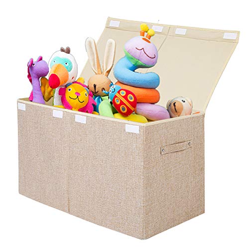 Lafulling Kids Large Toy Chest, Linen Collapsible Storage Box Container Bins with Flip-Top Lid, Toy Basket for Nursery, Playroom, Closet, Home Organization(Beige)