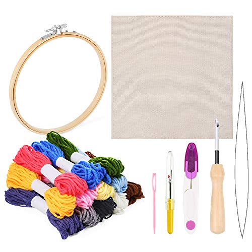 Pllieay Punch Needle Embroidery Starter Kits Include Instructions, Punch Needle Fabric(no Pattern), Yarns, Embroidery Hoops, Threader Tools for Punch Needle Embroidery Rug-Punch & Pinch Needle