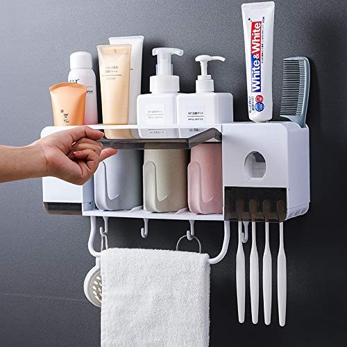 BHeadCat Automatic Toothpaste Dispenser Squeezer Wall Mount and Toothbrush Holder, Multi-Functional Space Saving Toothbrush Organizer with 3 Cups, 4 Brush Slots and Towel Bar No Drill Need (3 Cups)