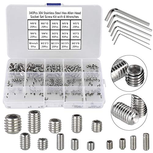 HanTof 340Pcs Metric M2.5/M3/M4/M5/M6/M8 304 Stainless Steel Allen Head Socket Hex Grub Screw,Set Screw Assortment Kit with 6 Hex Wrenches,Internal Hex Drive Cup-Point