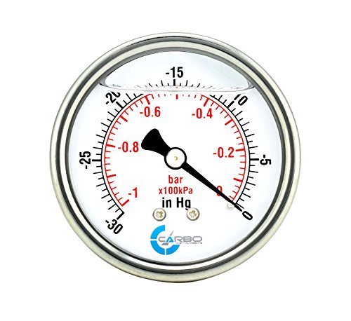 CARBO Instruments 2 1-2' Pressure Gauge, Stainless Steel Case, Chrome Plated Brass Connection, Lqiuid Filled, Vacuum -30 Hg/0, Back Mount 1/4' NPT