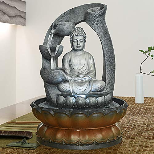 PeterIvan Buddha Fountain - 11in Buddha Tabletop Water Fountain for Home&Office Decoration, Decorative Sculpture with LED Light&Circular Water Flow for Good Luck Keeping (Grey, 11inch)