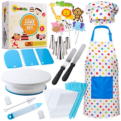 RISEBRITE Cake Decorating Kit for Kids Baking Set for Girls and Boys – 38 Pcs Gift Set includes Kids Apron, Chef Hat, Cake Decorating Tools, Cooking and Baking Supplies for The Curious Junior Chef