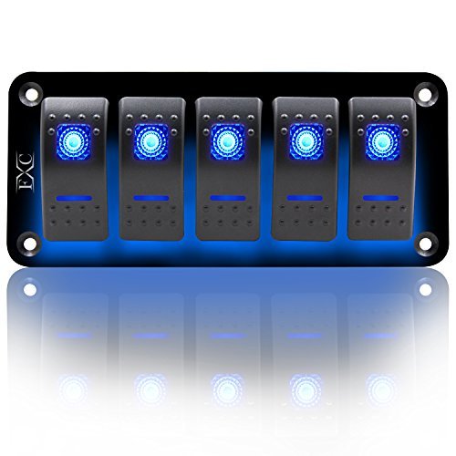 FXC Rocker Switch Aluminum Panel 5 Gang Toggle Switches Dash 5 Pin ON/Off 2 LED Backlit for Boat Car Marine Blue