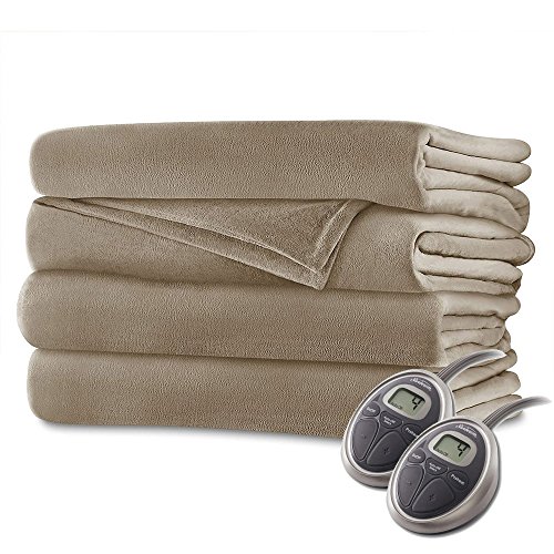 Sunbeam - Queen Size Heated Blanket Luxurious Velvet Plush with 2 Digital Controllers and Auto-Off Feature - 5yr Warranty (Mushroom Beige)