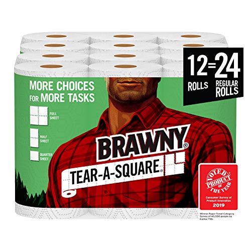 Brawny Tear-A-Square Paper Towels, 12 = 24 Regular Rolls, 3 Sheet Size Options, Quarter Size Sheets, 12 Count, 12 Count (Pack of 1)