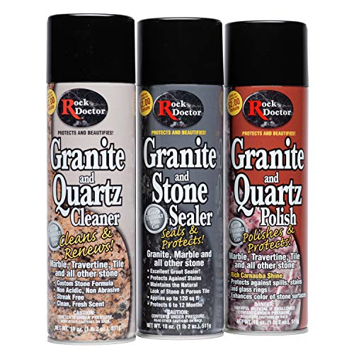 Rock Doctor Granite & Quartz Care Kit, 3 Piece Maintenance Stone Care Combo Kit – Cleans & Renews Marbel, Travertine, Tile and All Other Stone (18oz Each)