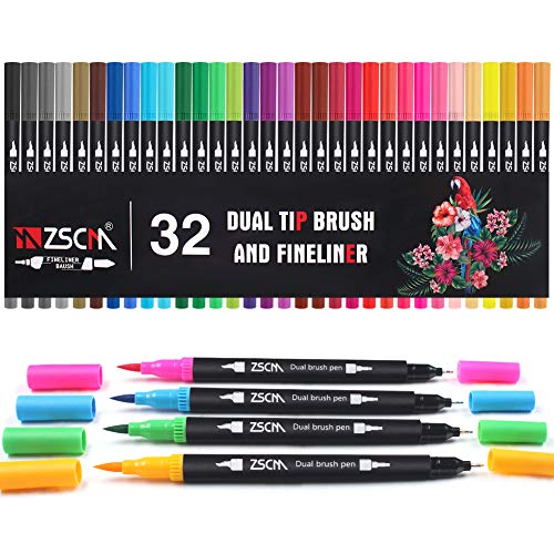 ZSCM 32 Colors Dual Tip Brush Pens Art Markers Set, Artist Art Marker Fine and Brush Tip Colored Fineliner Pen for Kids Adult Coloring Book Note taking Hand Lettering Calligraphy Drawing Bullet Journa