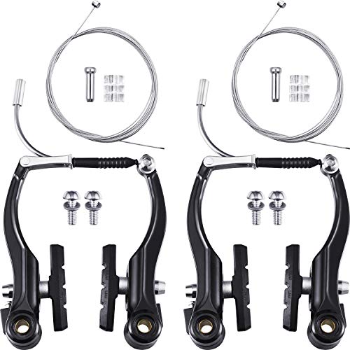 2 Pairs Bike Brakes Set Universal Bike Brakes Mountain Bike Replacement for Most Bicycle and 2 Pieces Mountain Bike Brake Cables Bike Gear Shift Cable Wire, End Caps, End Ferrules (Black)